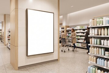 Blank vertical lightbox mockup mounted on a column inside a contemporary supermarket personal care department, with shopping customers and products on shelves in the background.