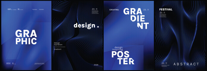 Modern Blue Gradient Poster Collection Vector with Abstract Waves, Grid Texture and Bold Typography Layout for Creative Branding, Editorial Cover, Festival Promotion, Wall Art, Graphic Print Design