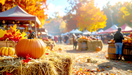 Herbstfest mit Kürbissen, Strohballen und Marktständen