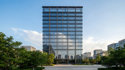 Modern glass office building with contemporary architectural design in a corporate business district under a clear blue sky