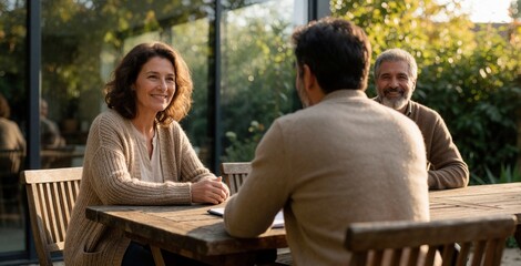 Multi generational family meets financial advisor at outdoor wooden table. Mature parents, adult children discuss retirement plans, money goals near modern glass building. Happy people talk about