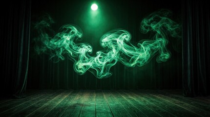 Vibrant green smoke swirls in mid air on dark wooden stage. Single bright spotlight illuminates neon vapour clouds above empty floor. Dramatic atmosphere with mystery, magic mood for theater