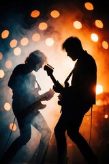 Two guitarists play electric instruments on stage during live concert. Silhouettes of musicians perform amid orange bokeh lights, smoke haze. Energetic rock band show with bright stage lighting, warm