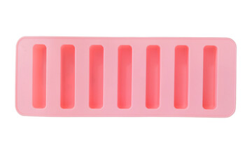 Pink silicone mold for baking savoiardi cookies, isolated on a white background. Baking ladyfinger cookies. Kitchen gadget. Top view.